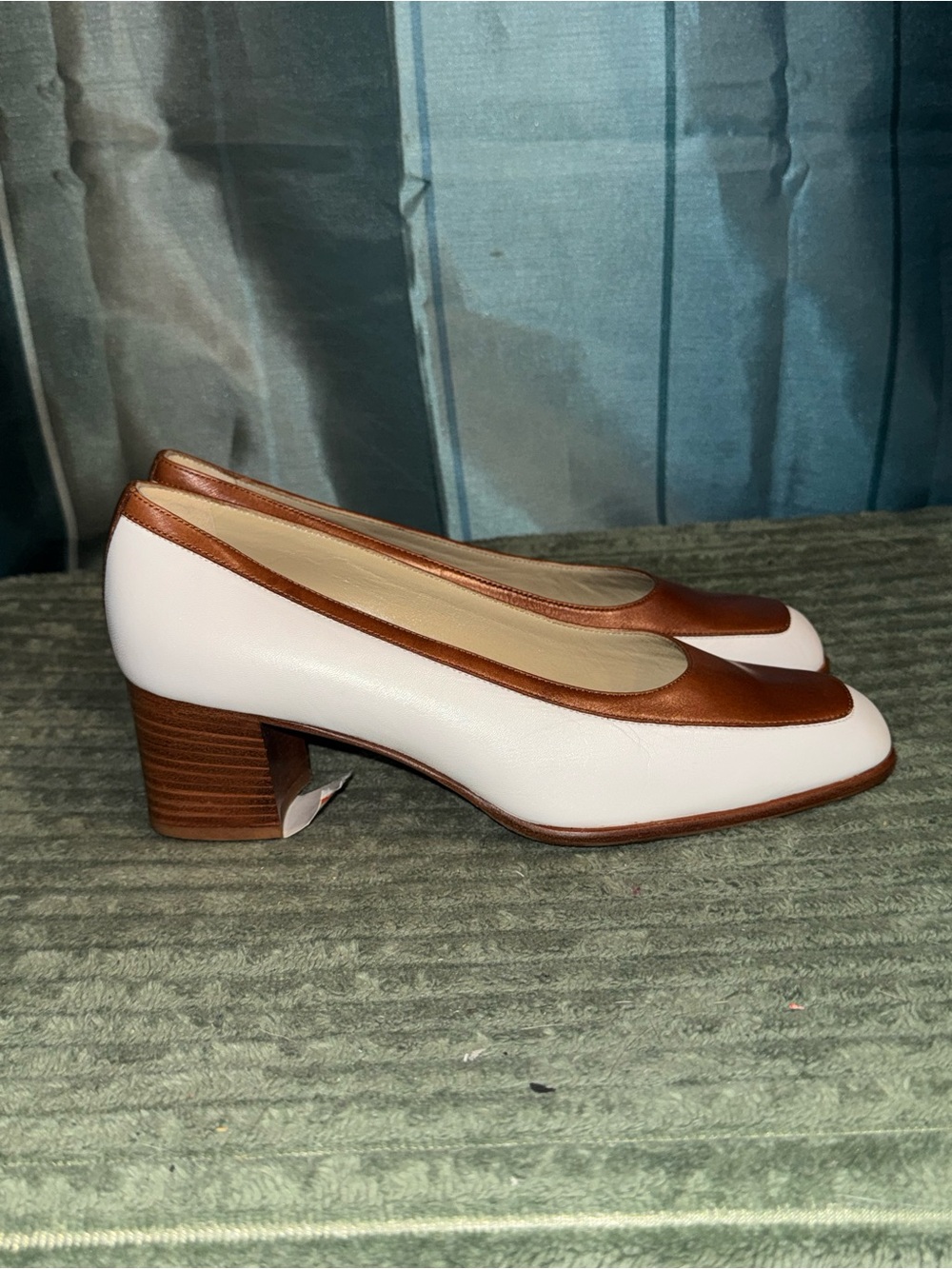 Bally White and Brown Leather Block Heel Pumps - Picture 1 of 3